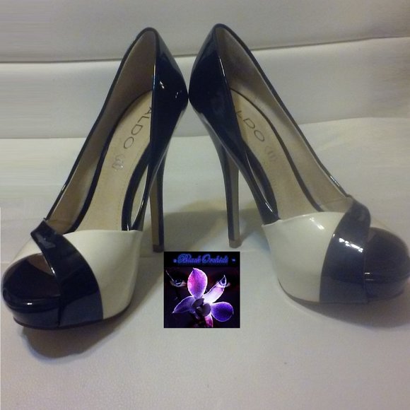 💜ALDO💜 sz 6 BLACK WHITE GLOSSY STILETTO HEELS NEW - Picture 9 of 12